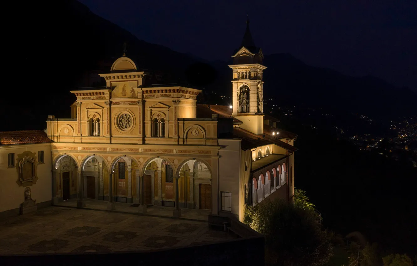 Фото обои ночь, Швейцария, Switzerland, Ticino, Тичино, Locarno, Локарно, Madonna del Sasso
