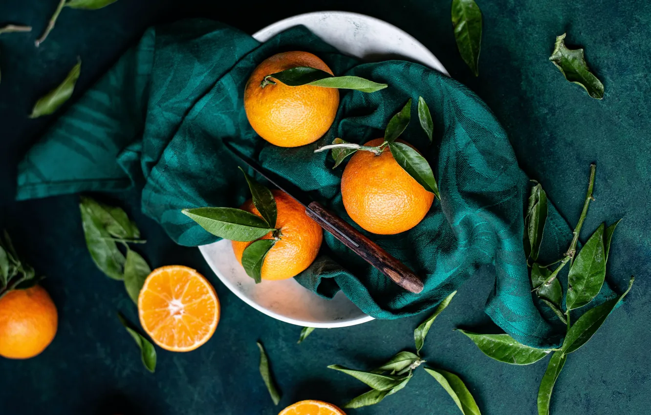 Фото обои листья, темный фон, апельсины, тарелка, нож, ткань, фрукты, мандарины