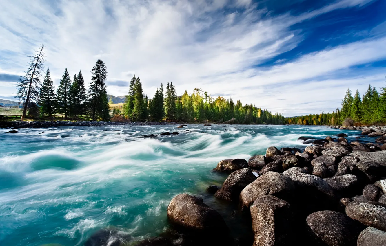 Фото обои пейзаж, река, камни