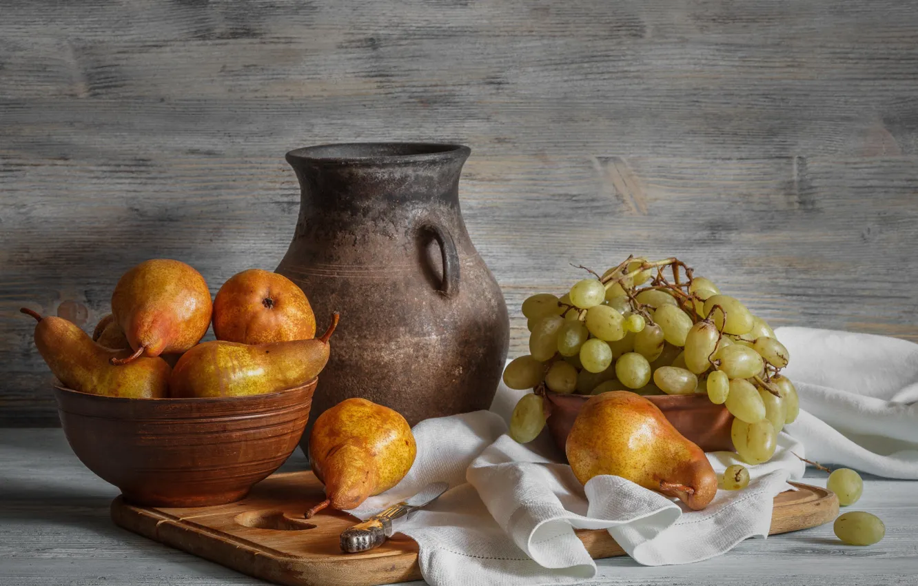 Фото обои виноград, кувшин, груши