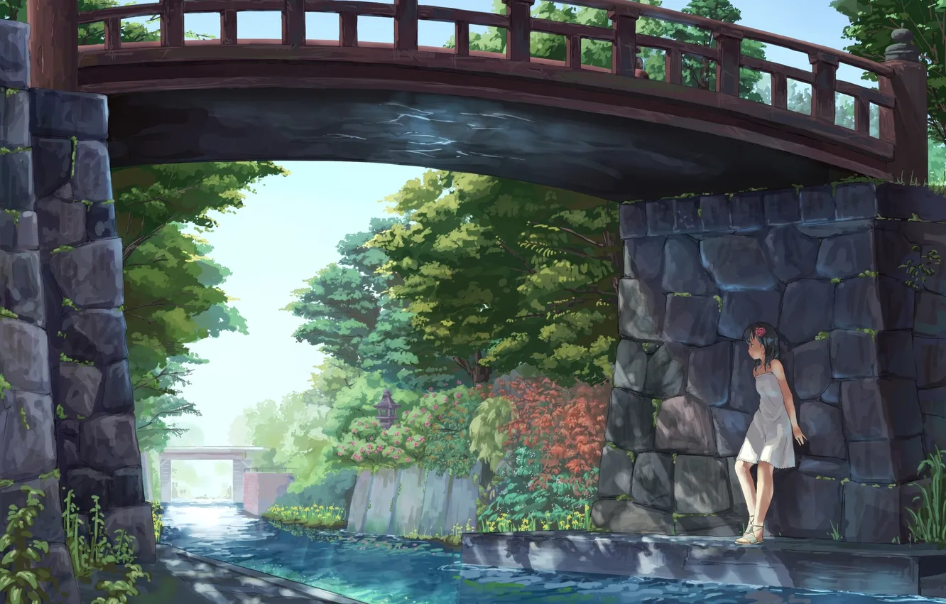 Фото обои взгляд, девушка, мост, река