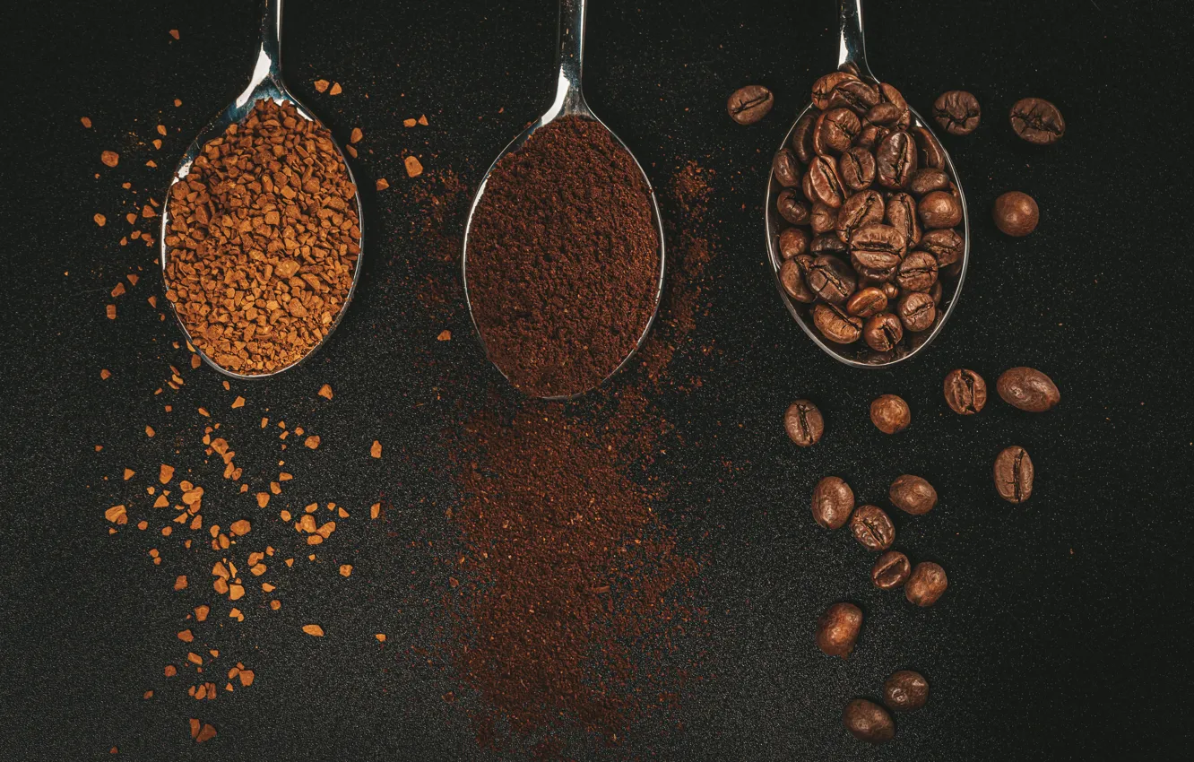 Фото обои кофе, зерна, черный фон, coffee, grains, black background, ложки, молотый