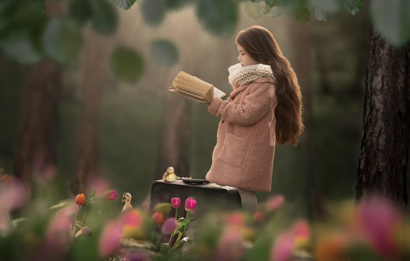Фото обои деревья, цветы, девочка, тюльпаны, книга, чемодан, длинные волосы, птенцы