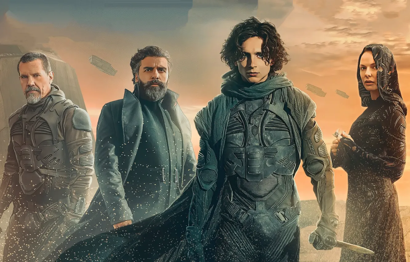 Фото обои Песок, Нож, Рука, Josh Brolin, Дюна, Оскар Айзек, Oscar Isaac, Rebecca Ferguson