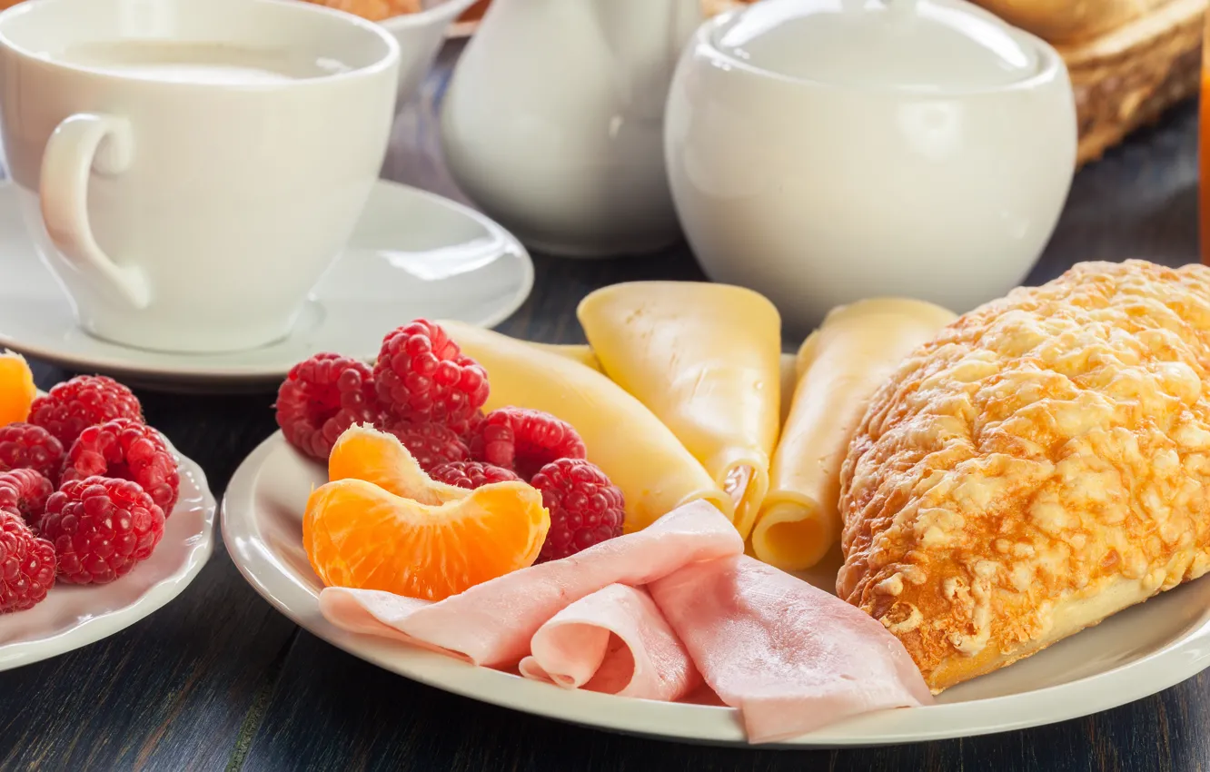 Фото обои ягоды, кофе, еда, завтрак, сыр, булочка