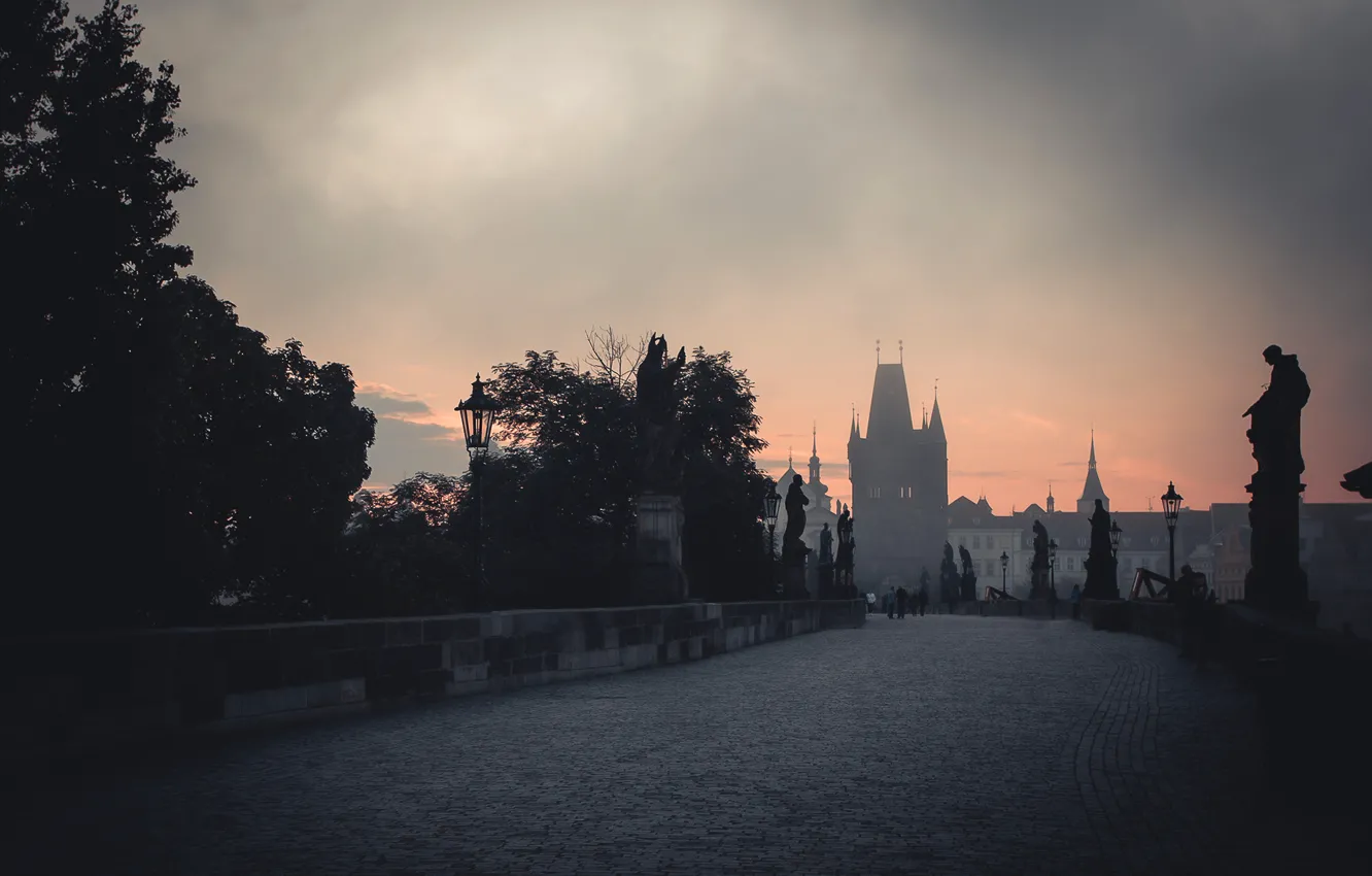 Фото обои Мост, Прага, Чехия, Рассвет, Prague, Praha, Готика, Karluv Most