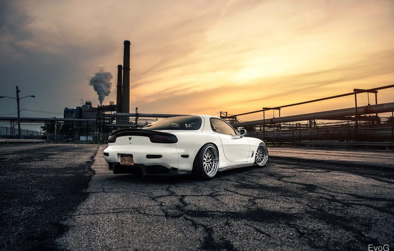 Фото обои Mazda, Car, Sun, White, RX-7, BBS, Wheels, Rear