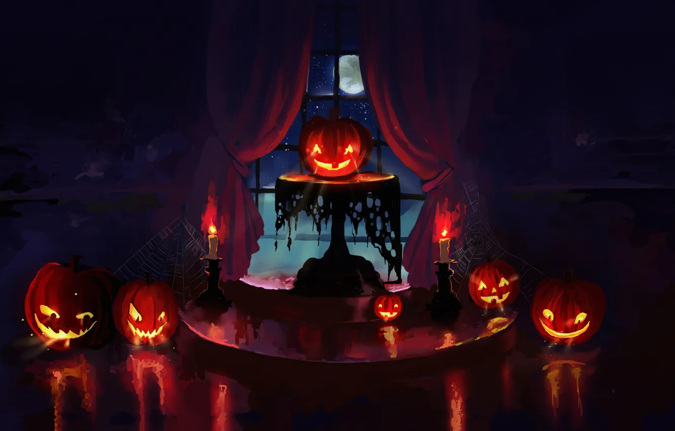 Фото обои holidays, halloween, night, art, candles, pumpkin