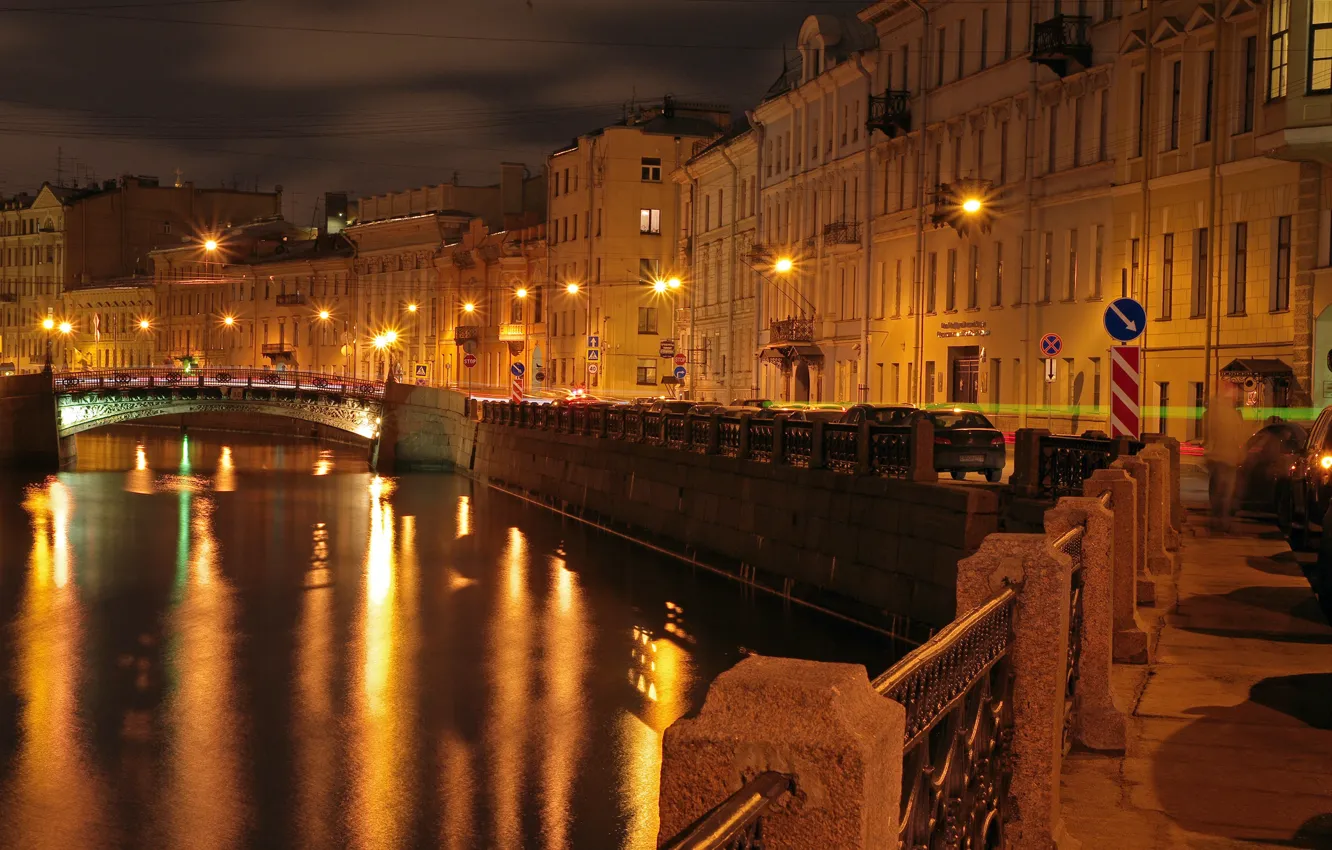 Фото обои ночь, огни, река, дома, фонари, Санкт-Петербург, канал, Россия