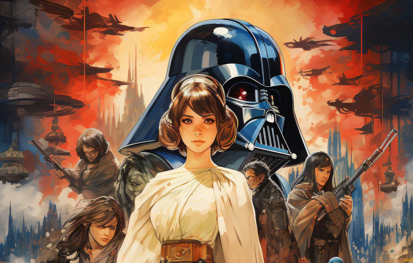 Фото обои Darth Vader, science fiction, art, Princess Leia, star Wars