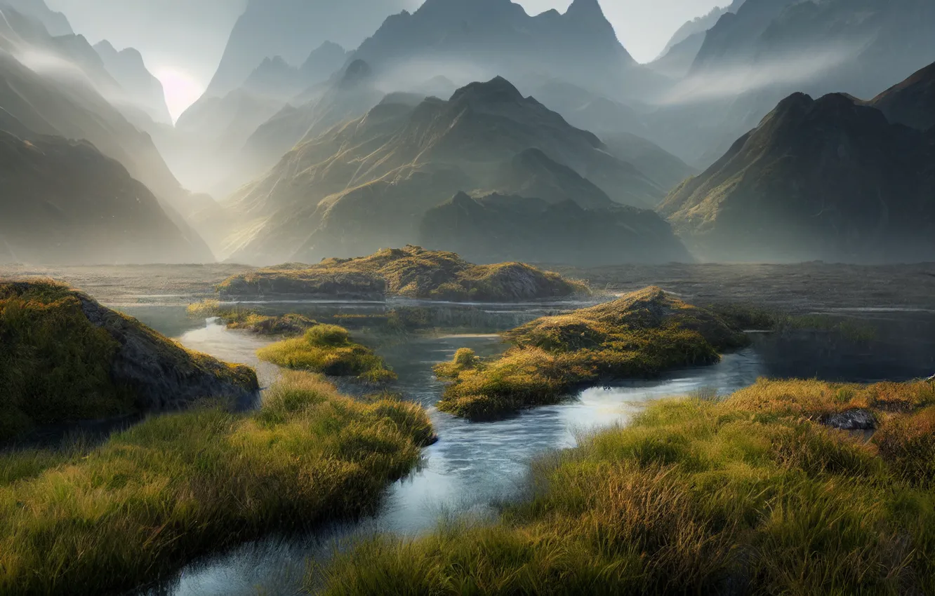 Фото обои горы, туман, Новая Зеландия, Fiordland
