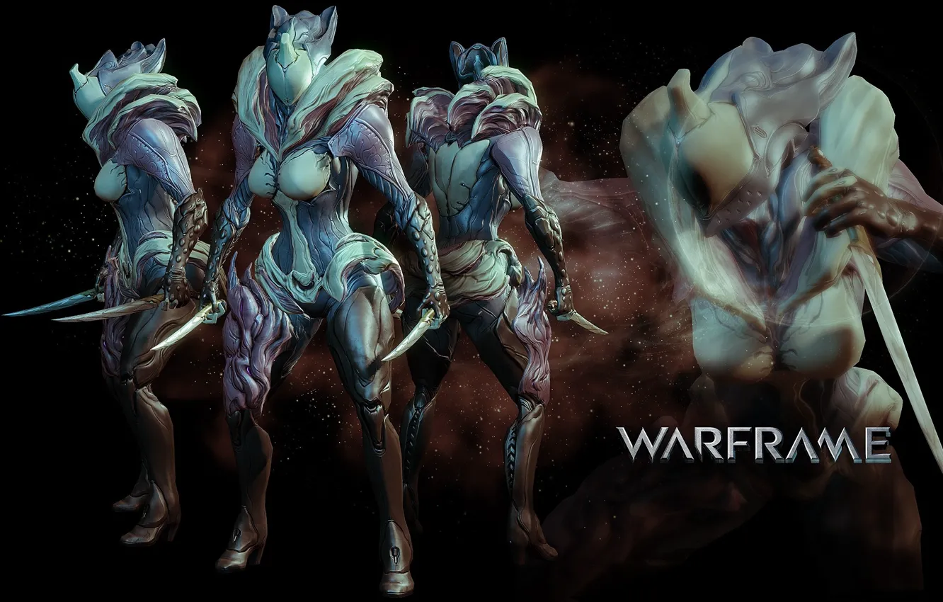 Фото обои существо, солдат, киборг, чёрный фон, персонаж, Warframe, вид с разных сторон