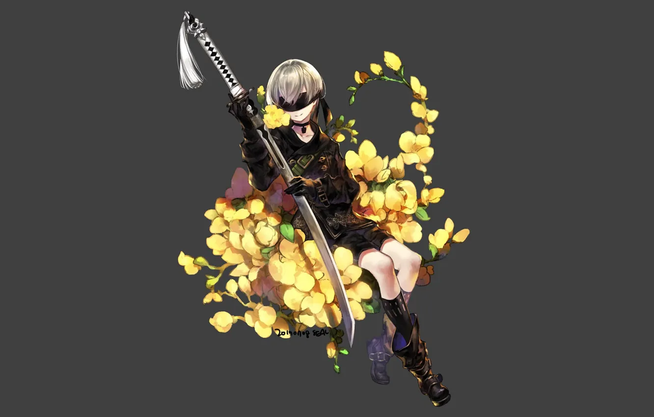 Фото обои цветы, меч, сапоги, мальчик, повязка на глаза, Nier Automata, YoRHa No 9 Type S