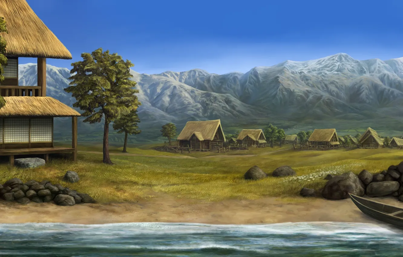 Фото обои пейзаж, горы, река, камни, лодка, дома, деревня, арт