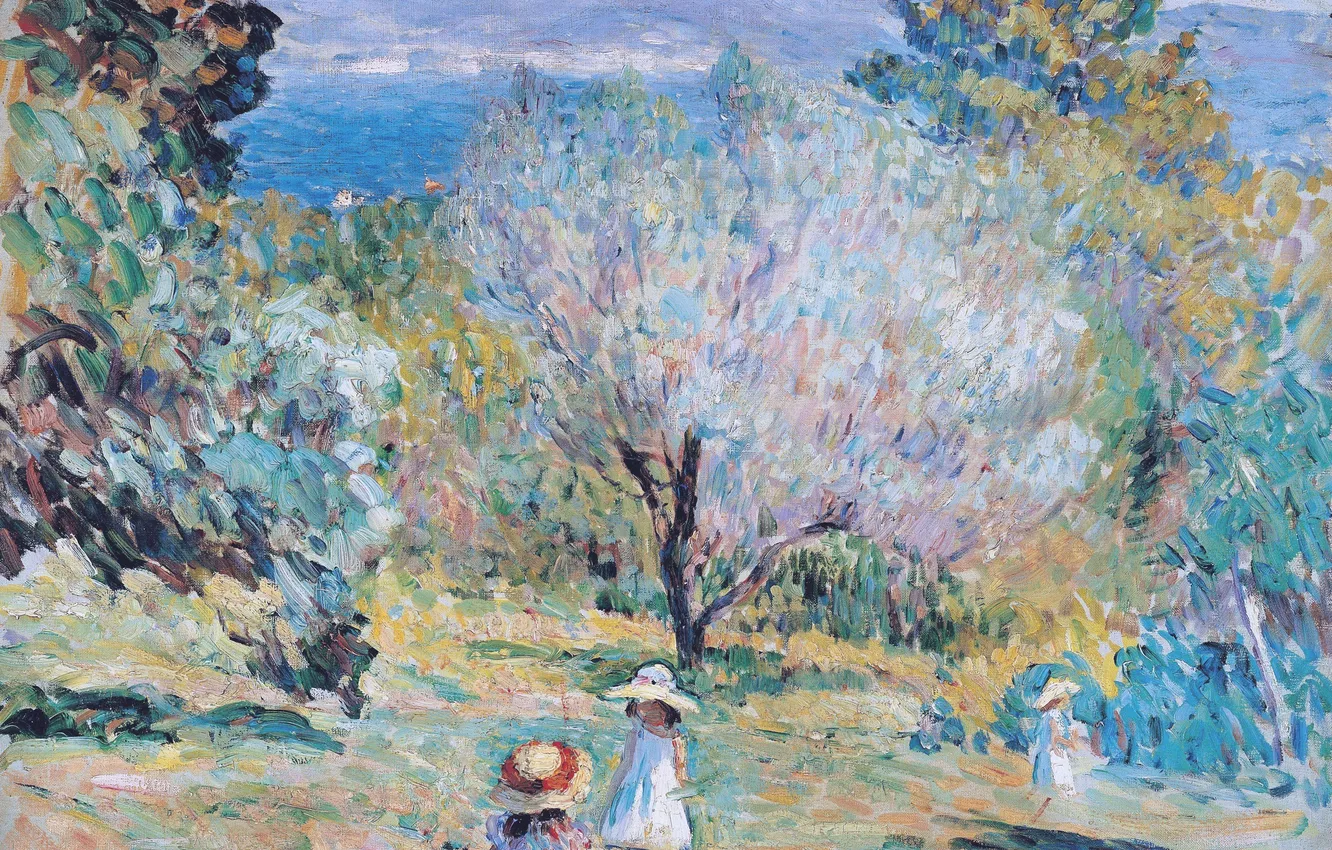 Фото обои пейзаж, горы, дети, краски, картина, Анри Лебаск, Girls in a Mediterranean Landscape