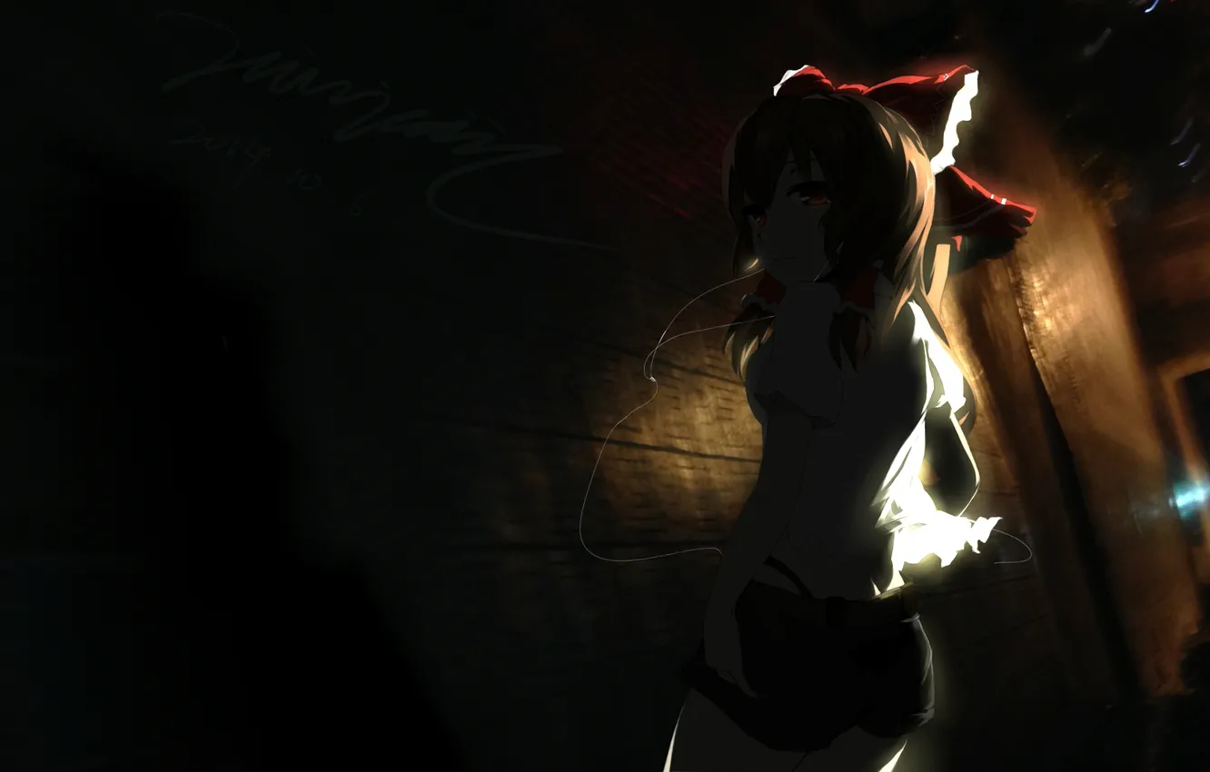 Фото обои девушка, темнота, провода, аниме, наушники, арт, фонарь, бант