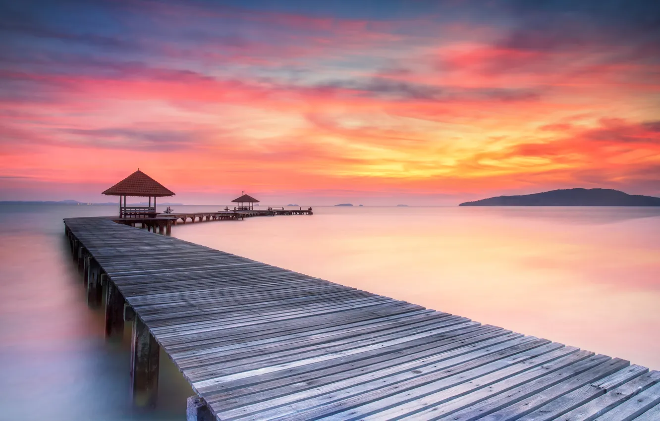 Фото обои sea, sunrise, pier, wooded bridge