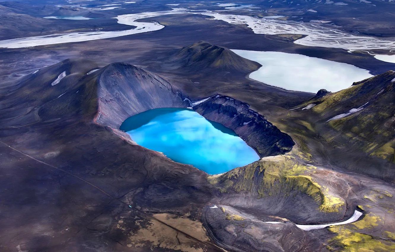 Фото обои горы, озеро, река, вулкан, кратер