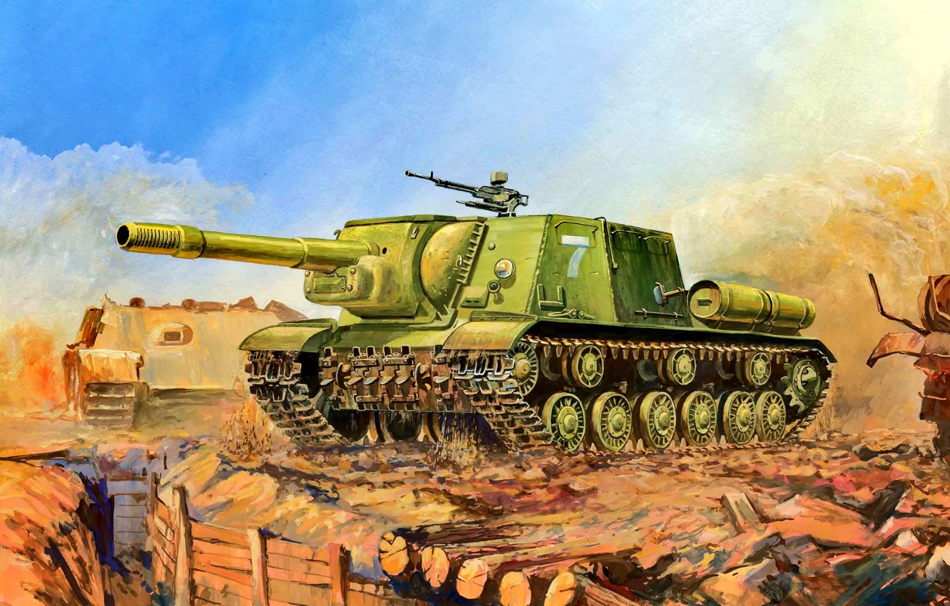 Фото обои САУ, РККА, ИСУ-152, Советская, Тяжелая, Окоп, 152-мм гаубица-пушка МЛ-20