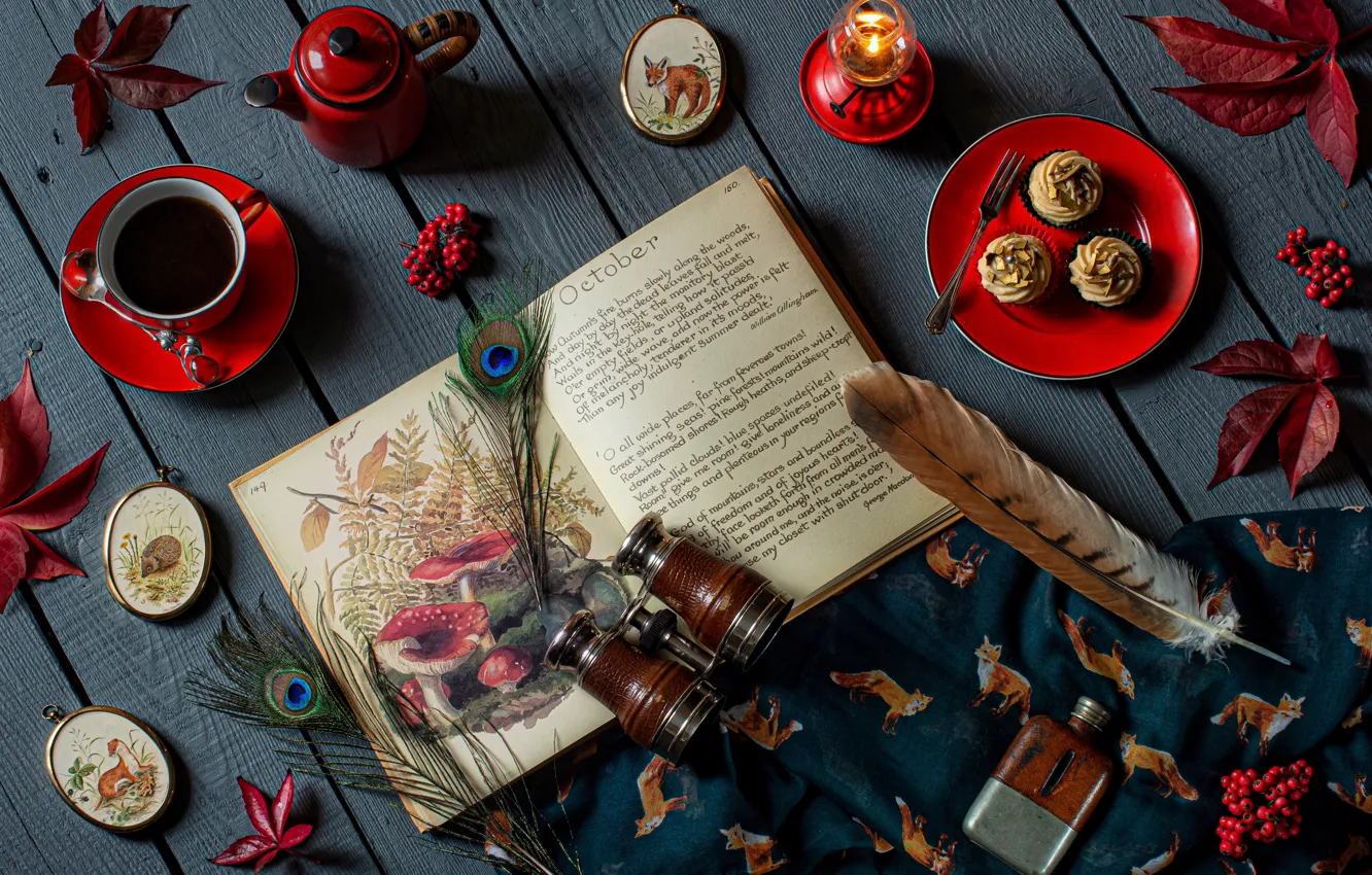 Фото обои листья, стиль, ягоды, чай, свеча, перья, чайник, чашка