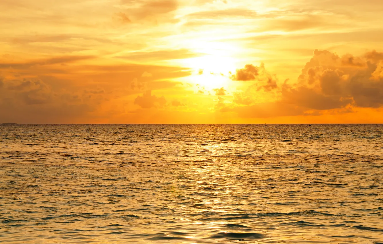 Фото обои море, небо, солнце, облака, горизонт, зарево, Мальдивы