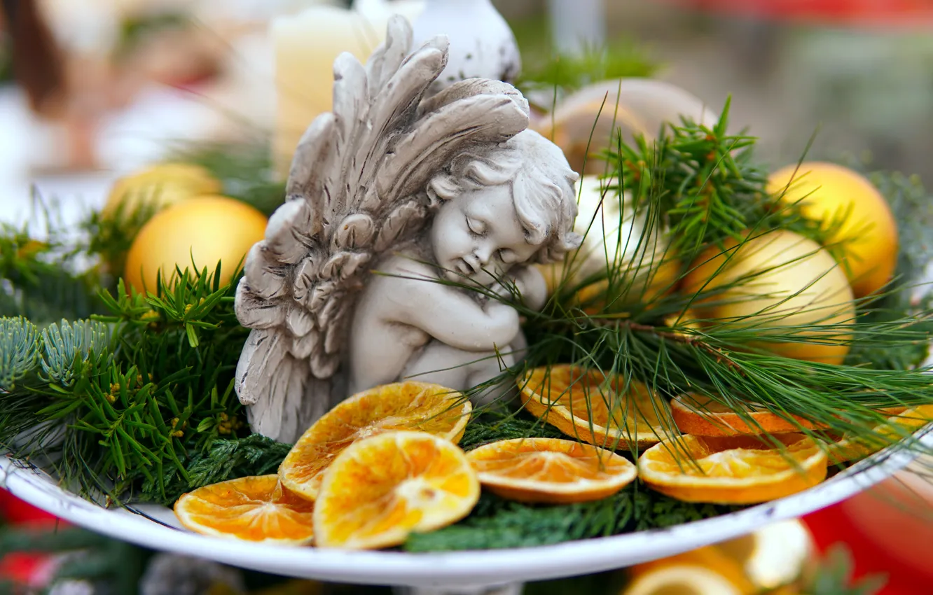 Фото обои праздник, ангел, апельсины, Рождество, Новый год, хвоя, фигурка, ангелочек