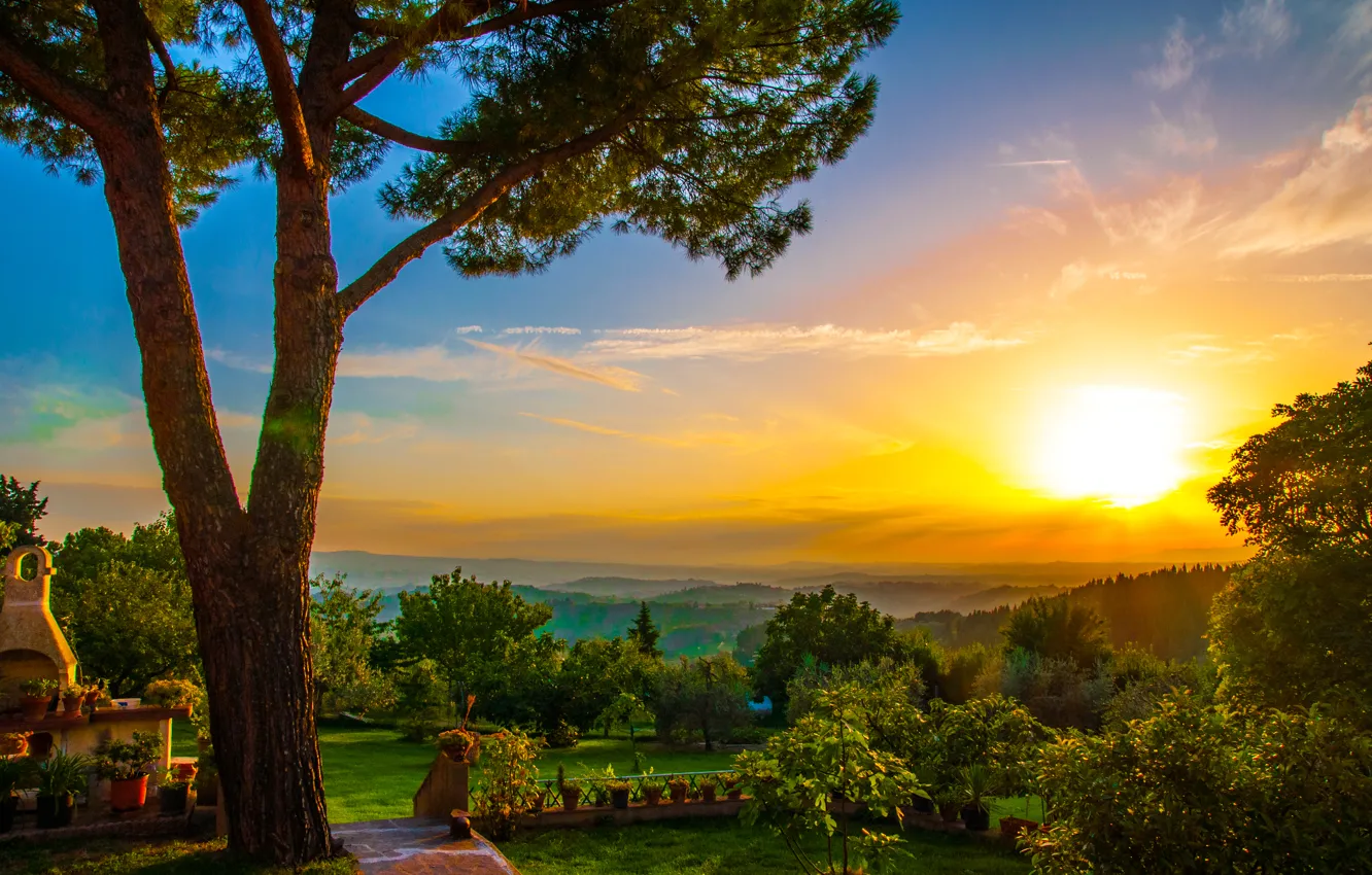 Фото обои Закат, Панорама, Италия, Italy, Sunset, Тоскана, Italia, Panorama