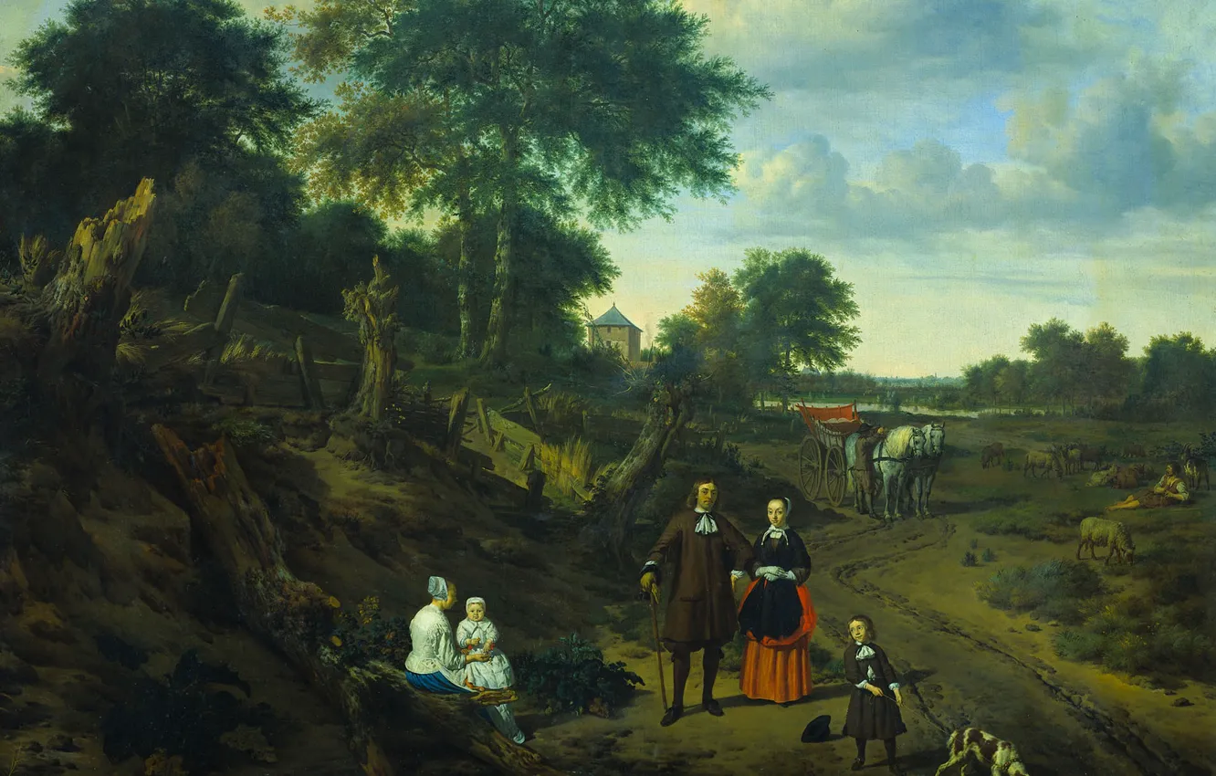 Фото обои масло, картина, холст, Адриан ван де Велде, Портрет Пары с Двумя Детьми и Няней