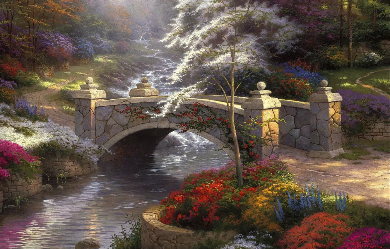 Фото обои мост, природа, речка, живопись, мостик, nature, bridge, Томас Кинкейд
