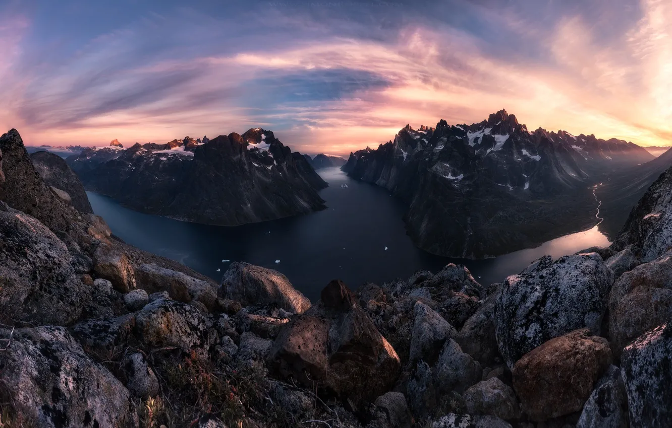 Фото обои небо, горы, река, камни, скалы, панорама, фьорды