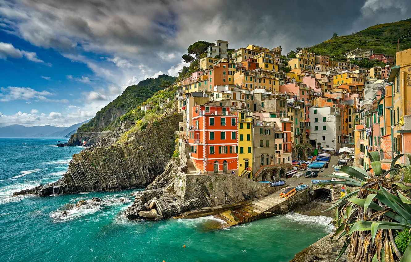 Фото обои море, побережье, здания, Италия, Italy, Лигурийское море, Riomaggiore, Риомаджоре
