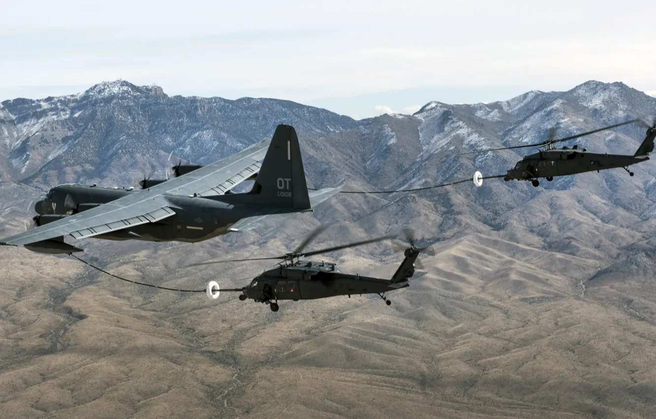 Фото обои HH-60, Pave Hawk, самолёт-заправщик, HC-130J Combat King II, Combat search and rescue helicopter, американский поисково-спасательный …