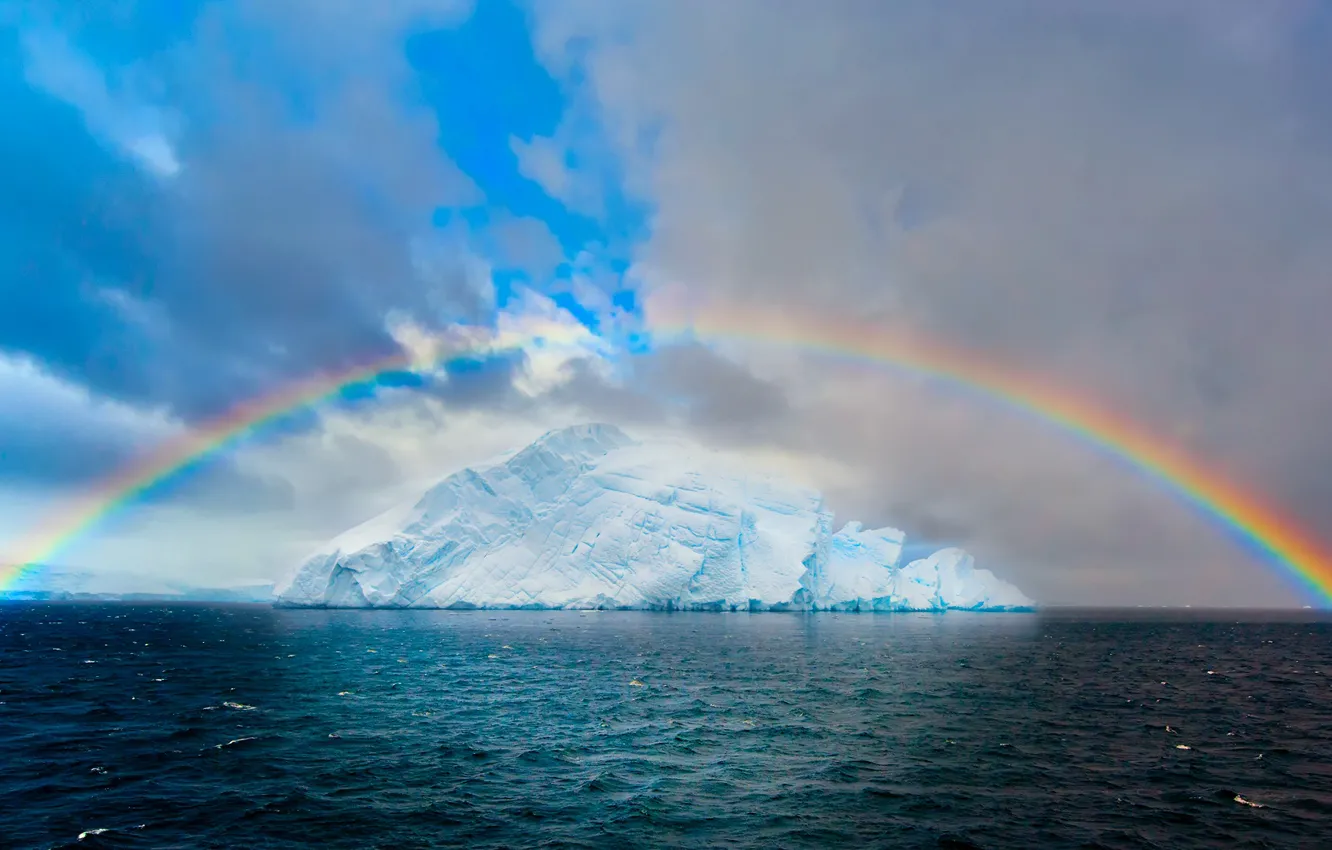 Фото обои море, небо, облака, океан, лёд, радуга, ледник, айсберг
