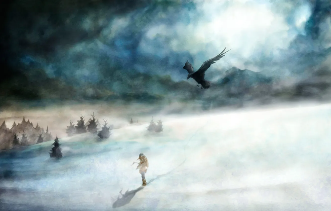 Фото обои зима, снег, птица, девочка, ворон, метель, Winter Voices