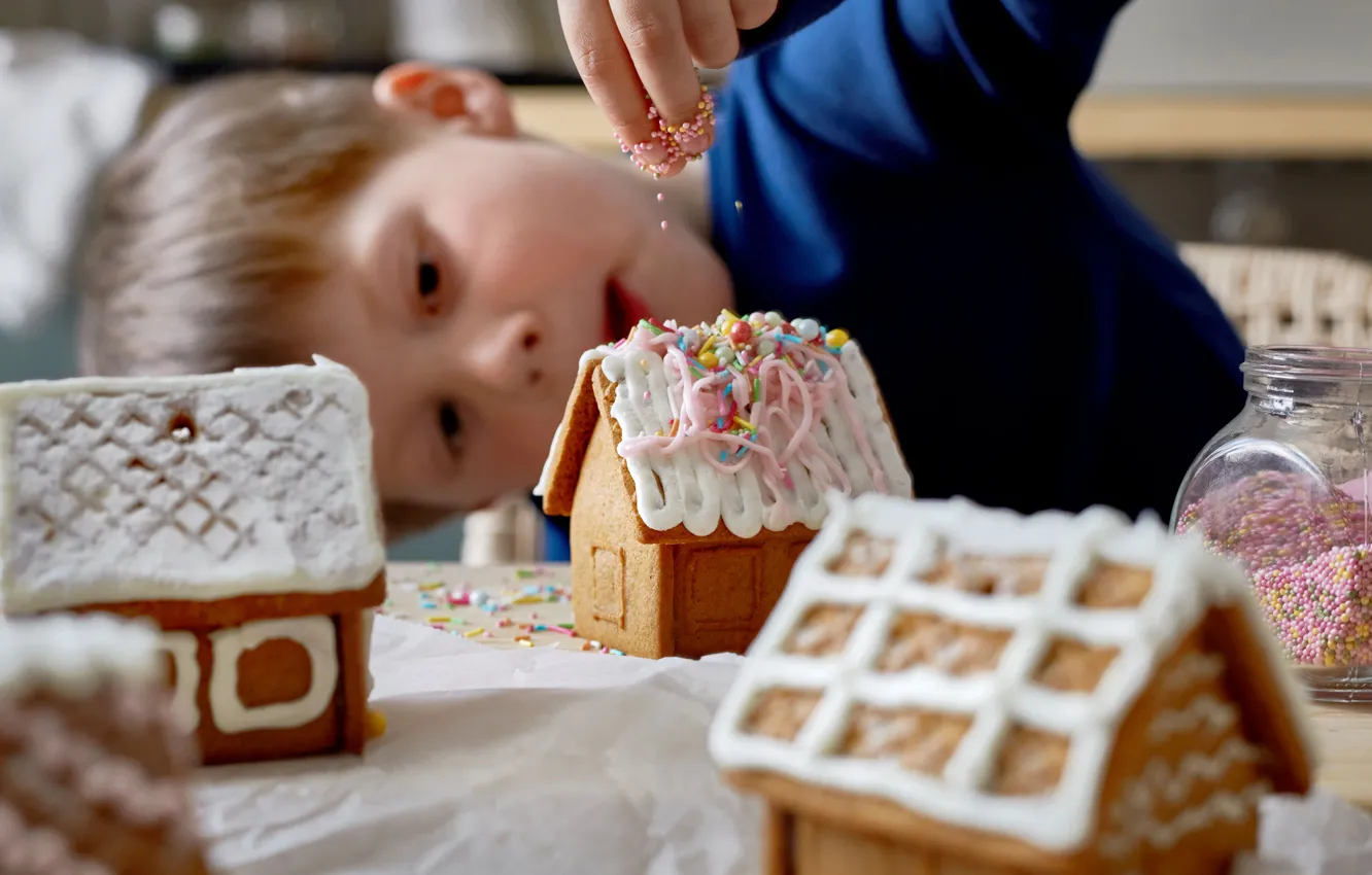 Фото обои Мальчик, Ребенок, Пряничный домик, Праздничное настроение, Holiday spirit, Gingerbread House, Зимние каникулы, Winter Holidays