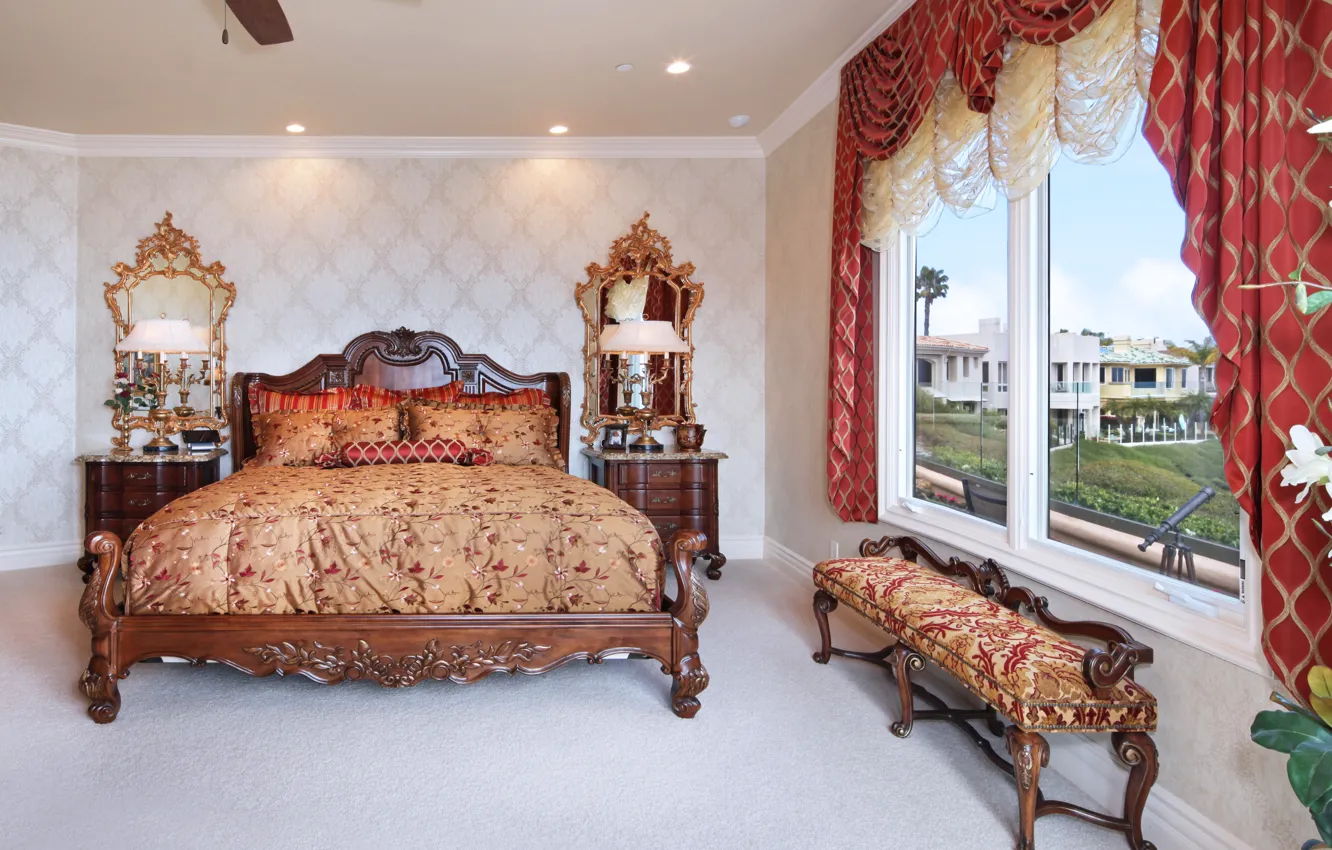 Фото обои дизайн, вилла, кровать, зеркало, шкаф, роскошь, design, спальня
