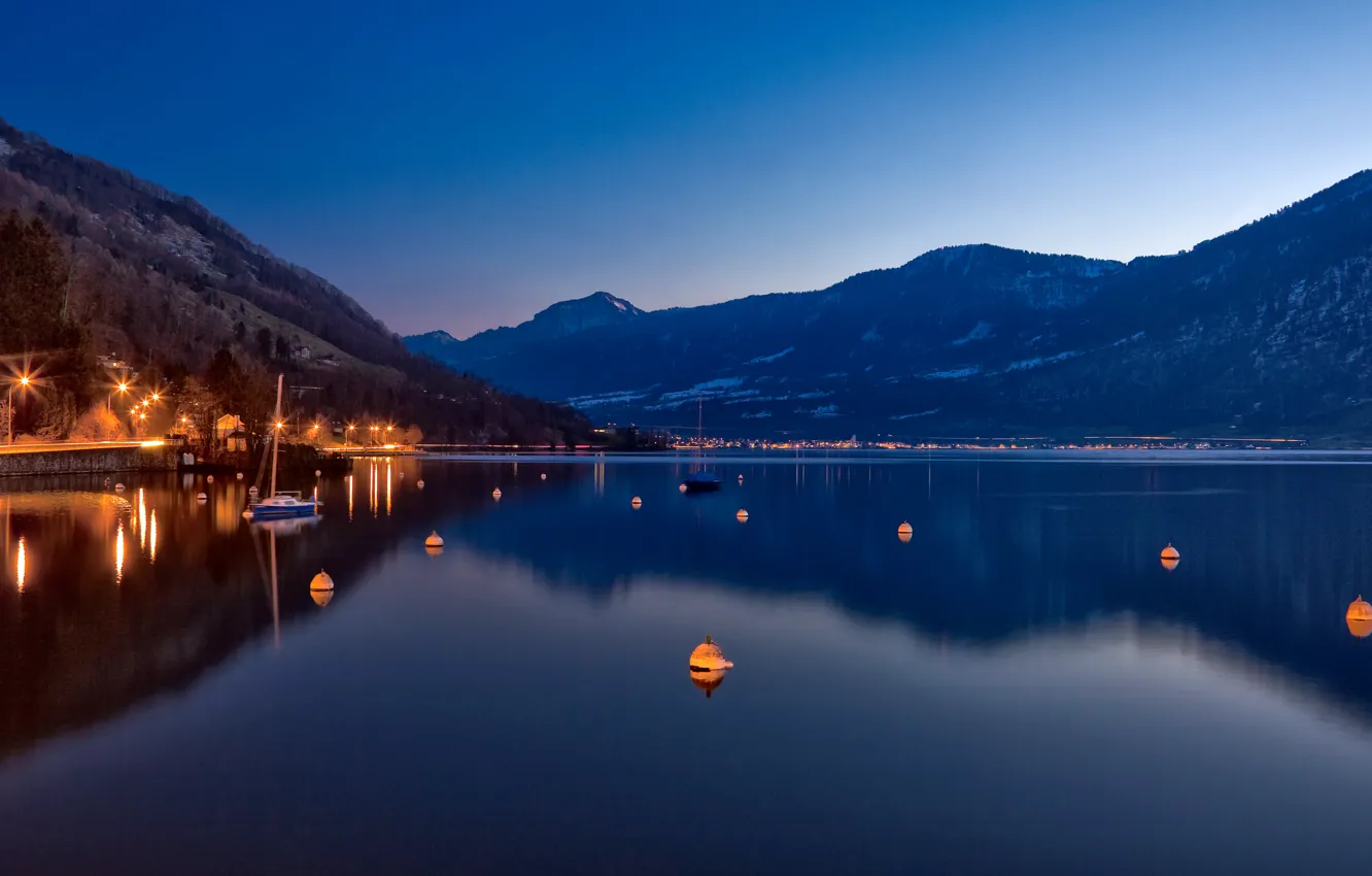Фото обои ночь, озеро, швейцария