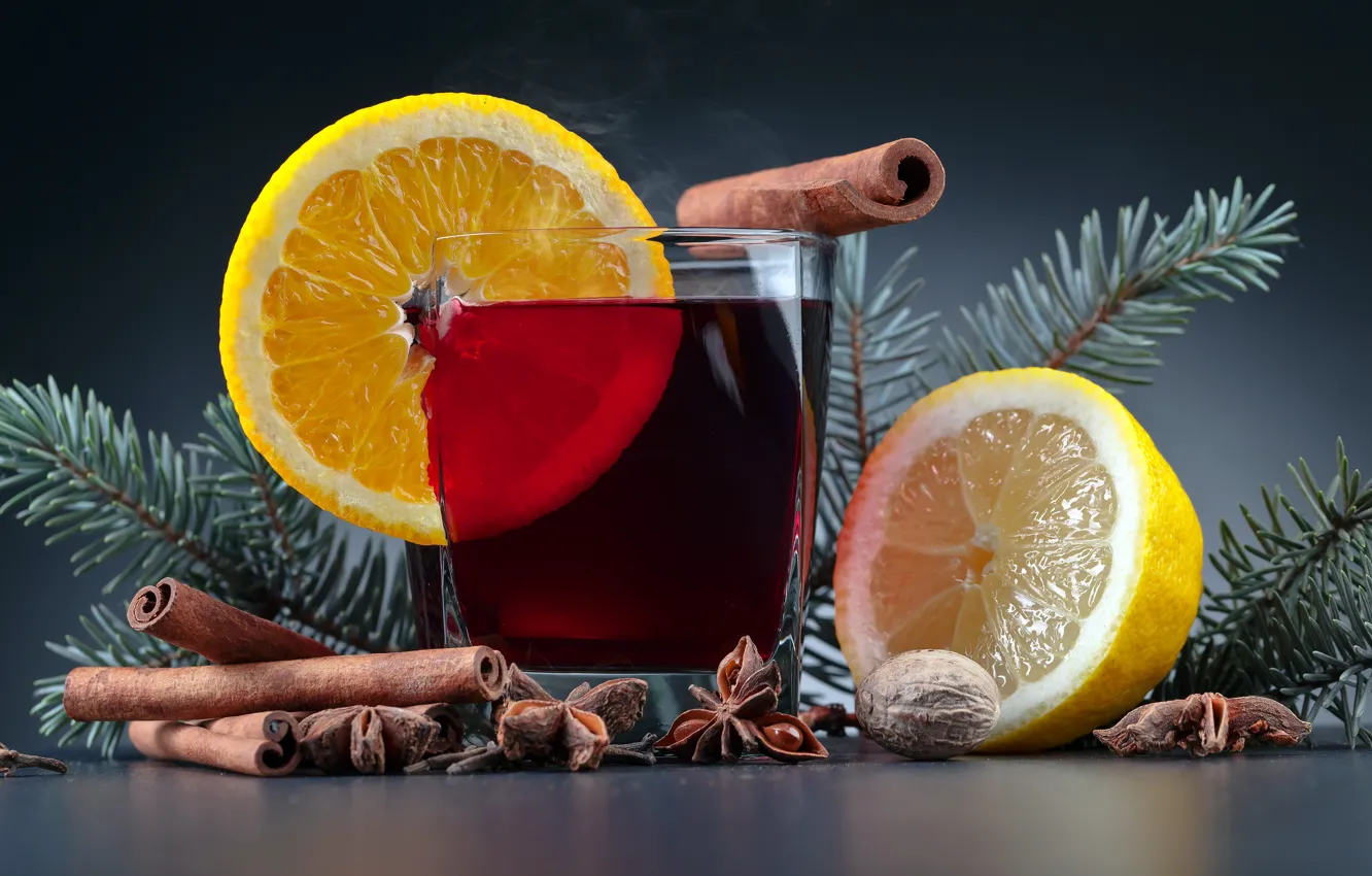 Фото обои стакан, фон, праздник, лимон, новый год, рождество, орех, напиток
