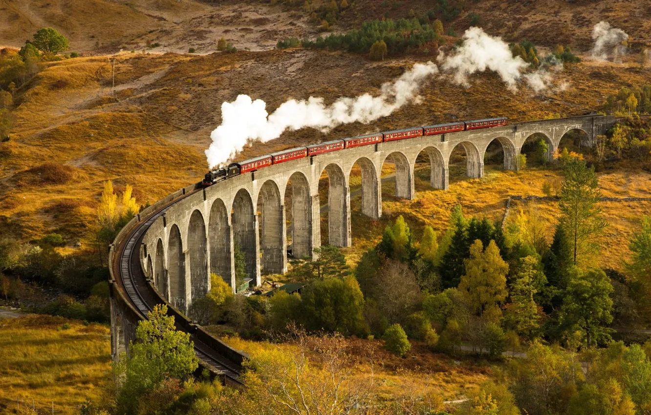 Фото обои Autumn, Train, Glenfinnan, Arched bridge