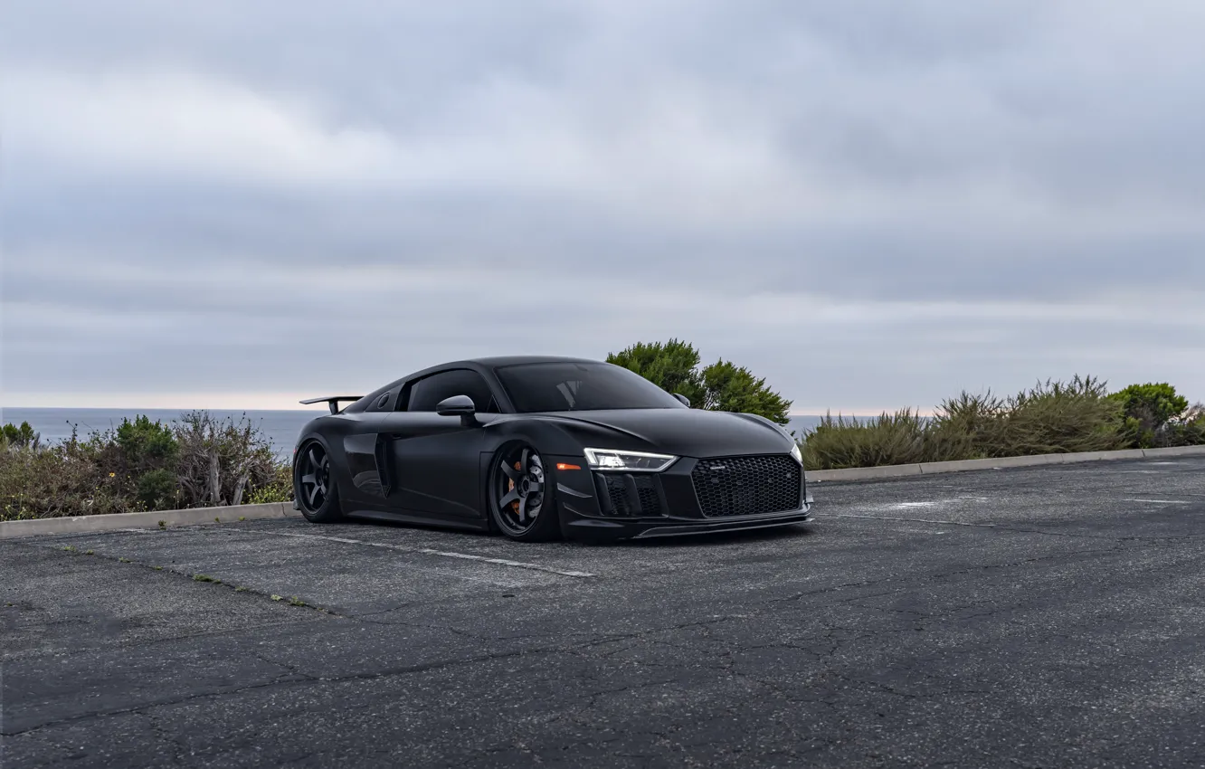 Фото обои Audi, Light, Audi R8, Front, Black, Side, Road, Sea