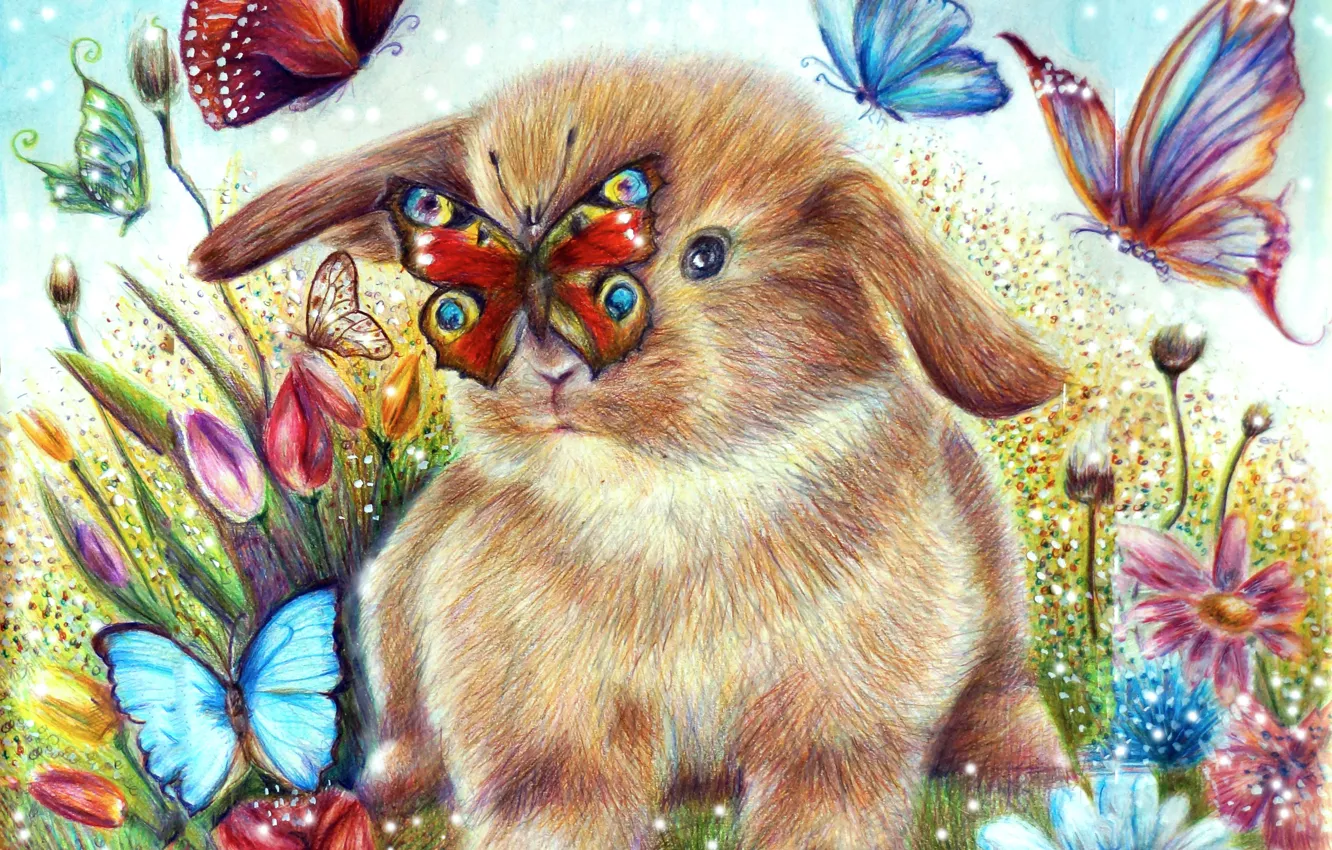 Фото обои бабочки, цветы, рисунок, кролик, rabbit, butterfly, drawing