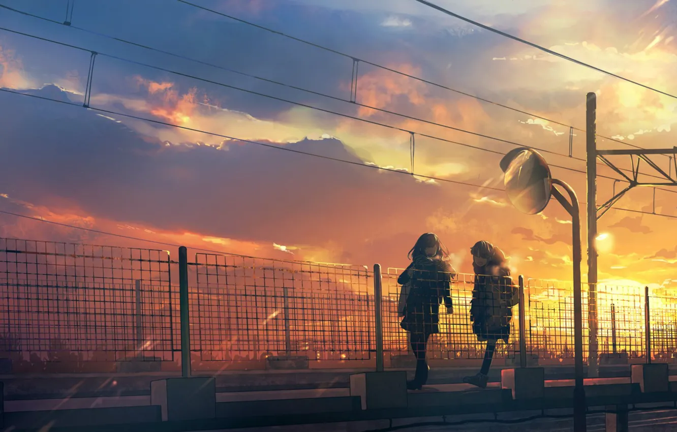 Фото обои закат, столбы, провода, ограда, Япония, школьницы, на мосту, две девочки