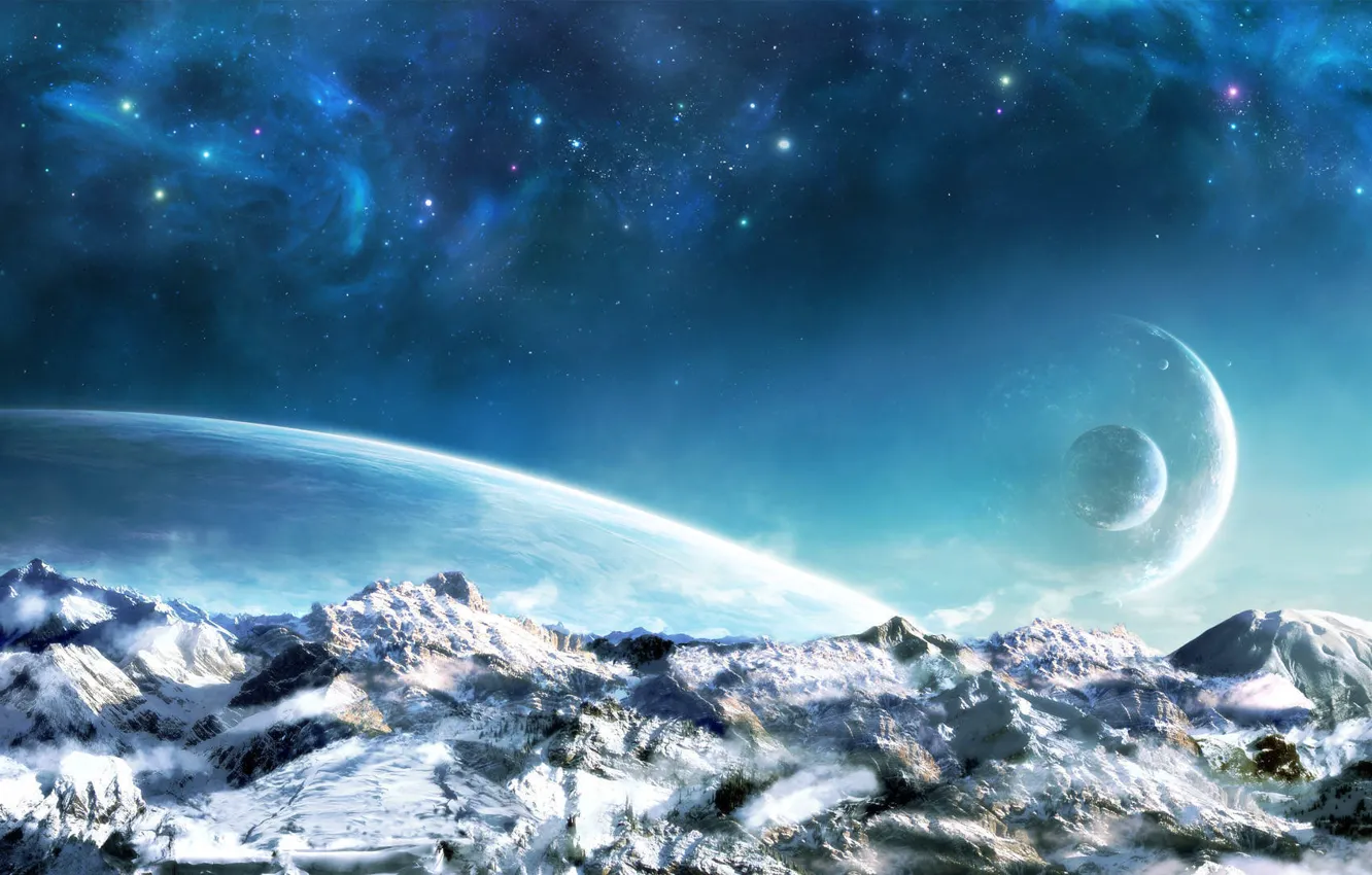 Фото обои star, blue, cloud, mountain, fog, planet, cosmic nebula