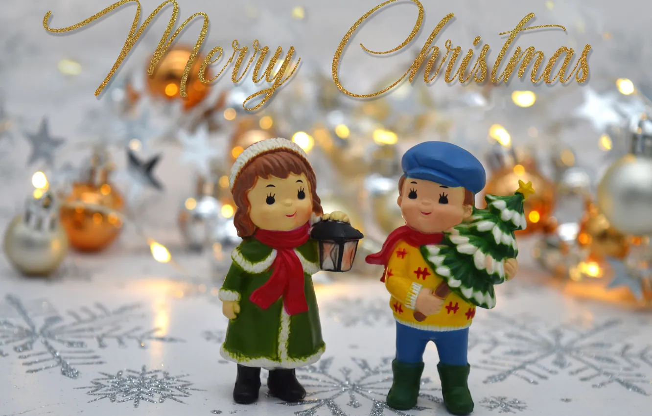 Фото обои шарики, снежинки, дети, праздник, надпись, игрушки, куклы, Рождество