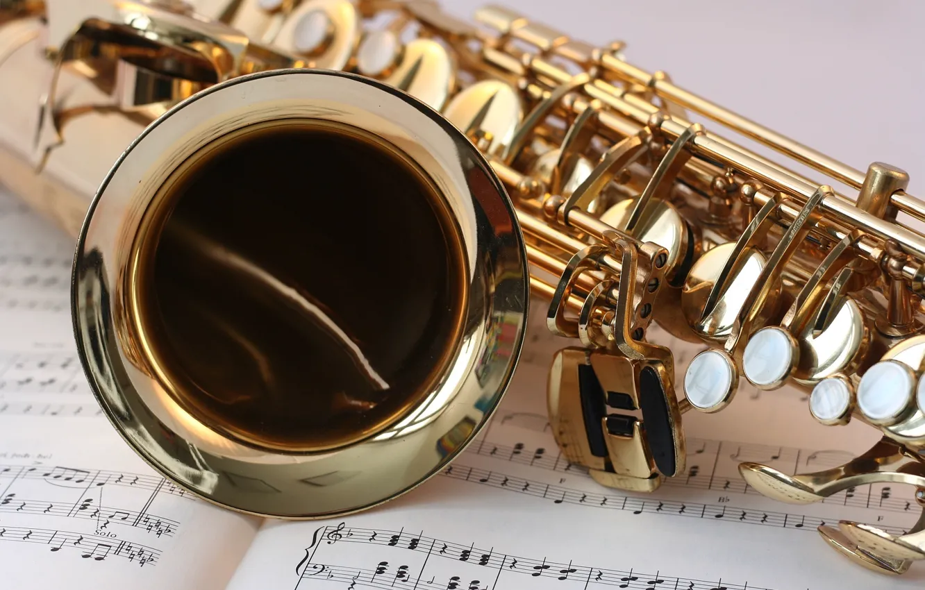 Фото обои music, инструмент, gold, note, музыкальный, Saxophone, sheet music, instrument