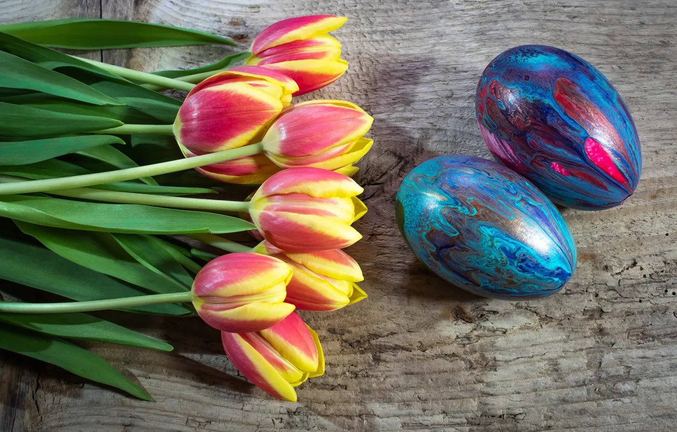 Фото обои букет, весна, тюльпаны, пасхальные яйца, красочный, природы, окрашенный