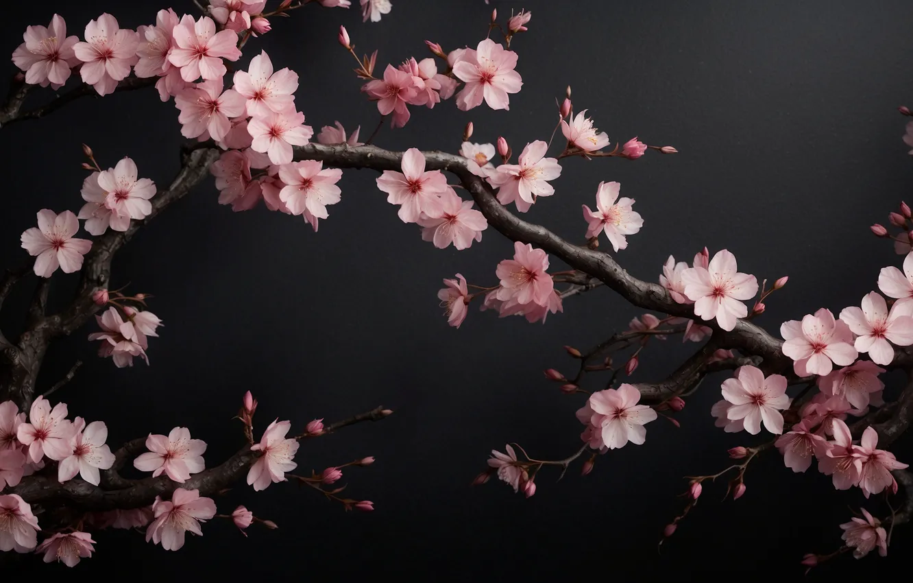Фото обои pink, flowers, sakura, dark background, AI art