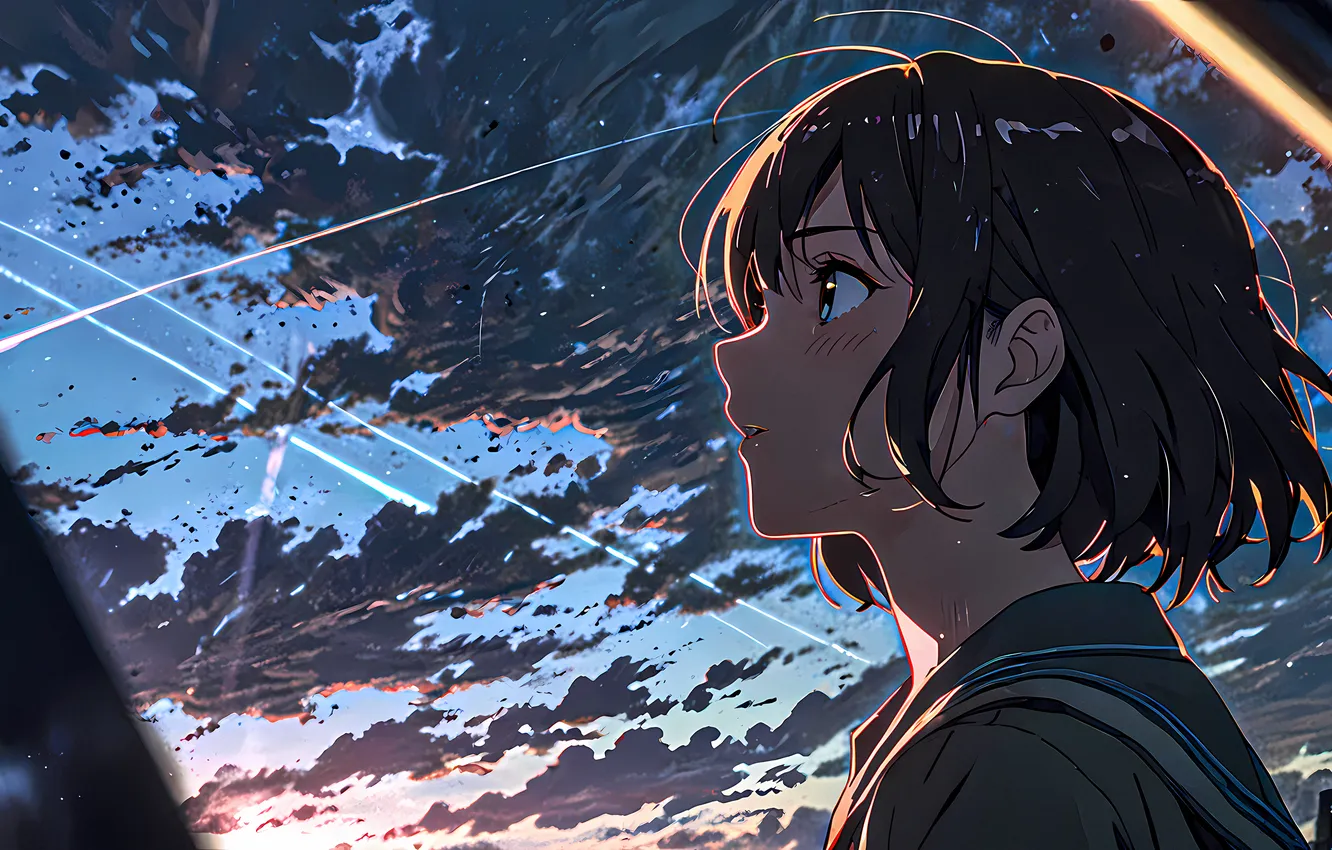 Фото обои anime, Dramatic Sky, anime girl, sky glow, beautiful hairstyle
