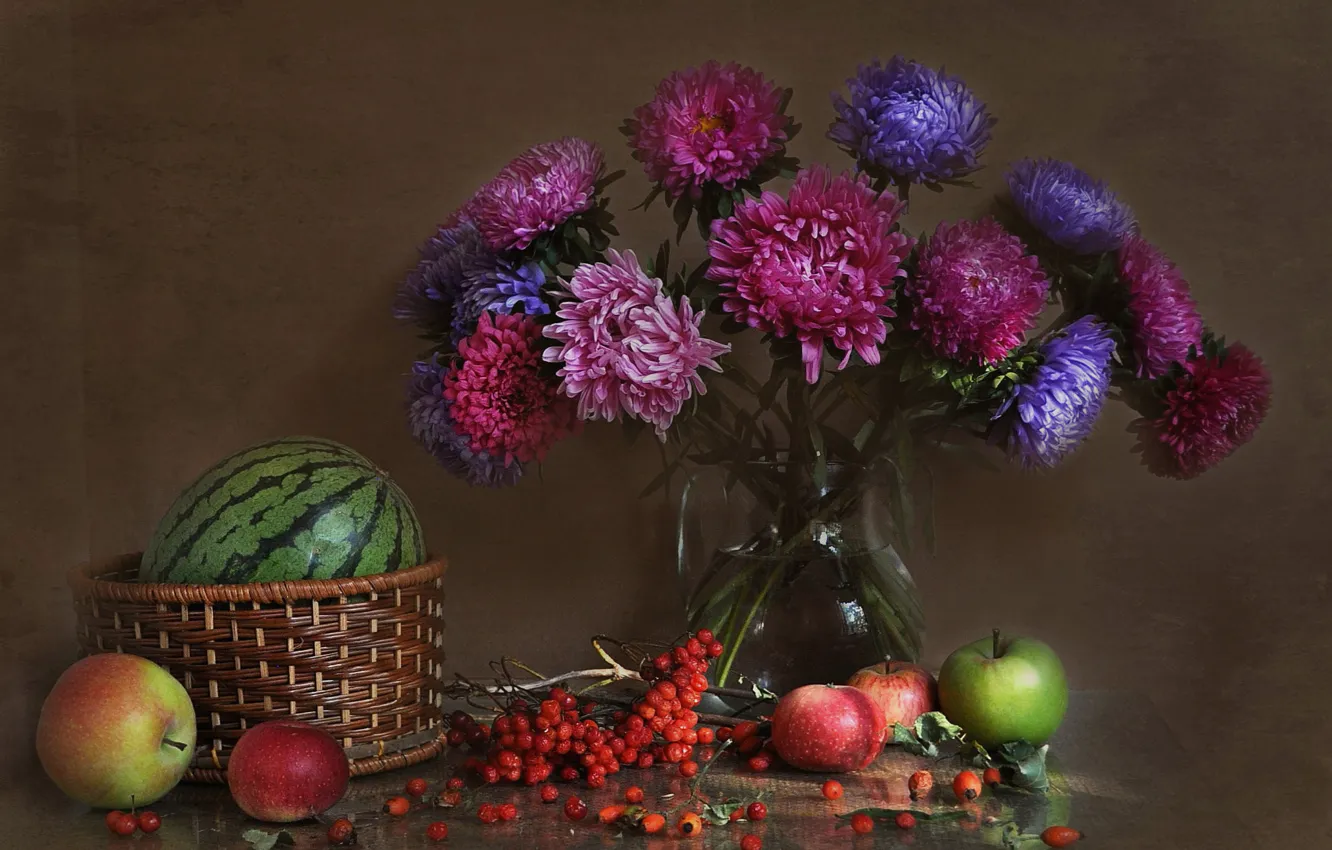 Фото обои цветы, яблоки, букет, натюрморт, композиция, калина, астры