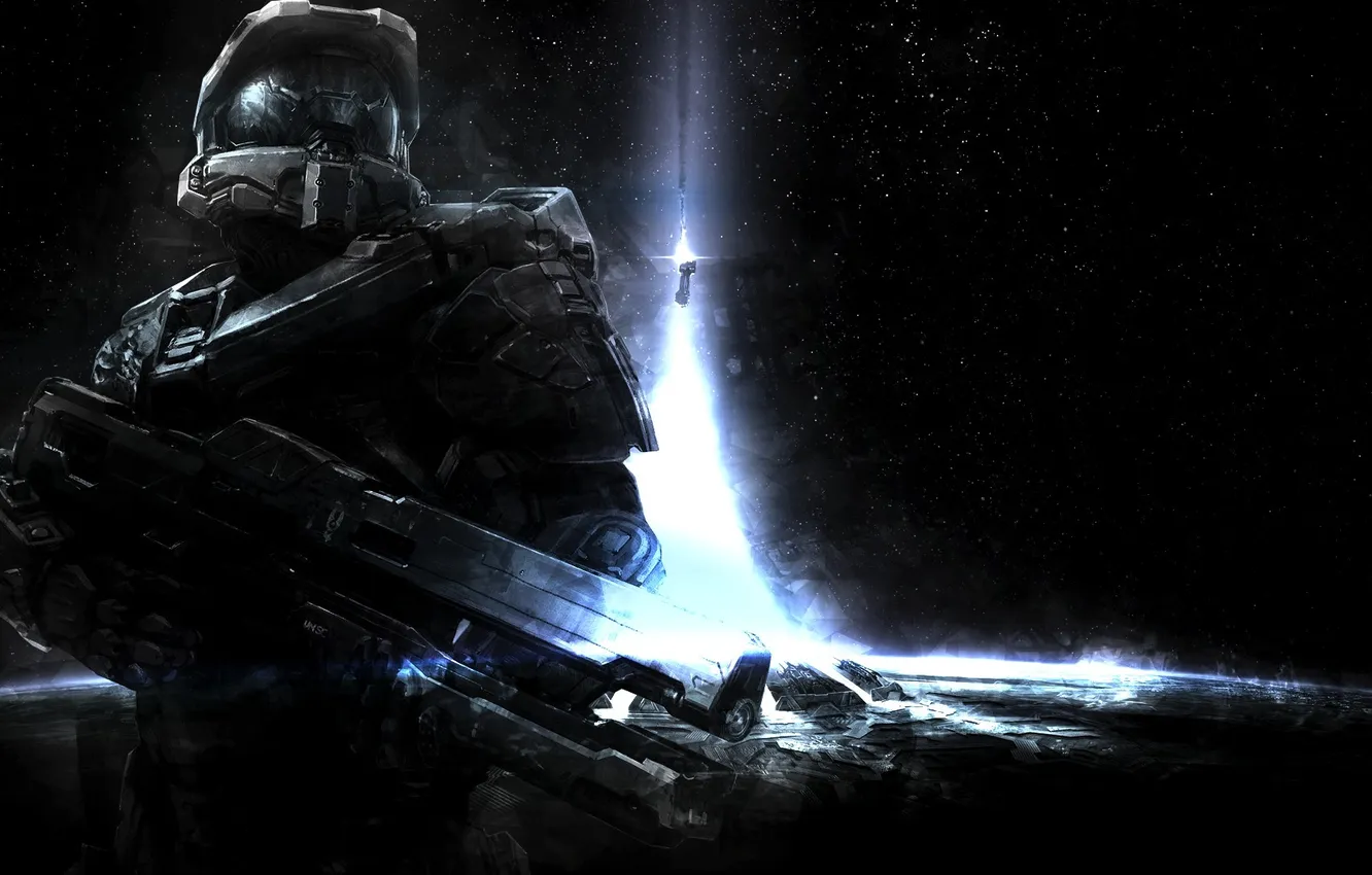 Фото обои космос, звезды, оружие, планета, солдат, костюм, Halo 4